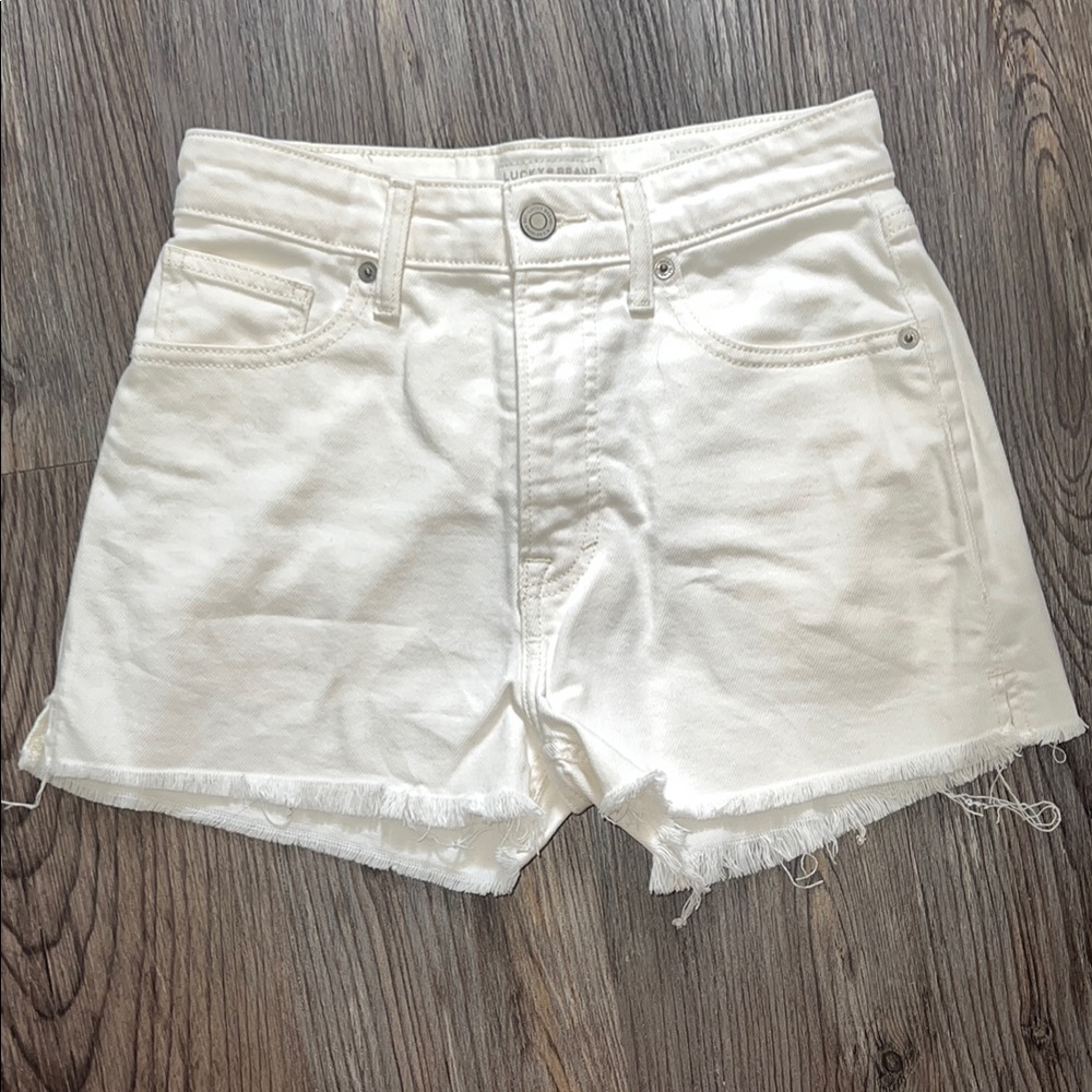 Lucky Brand White Jean Shorts Distressed Raw-Edge